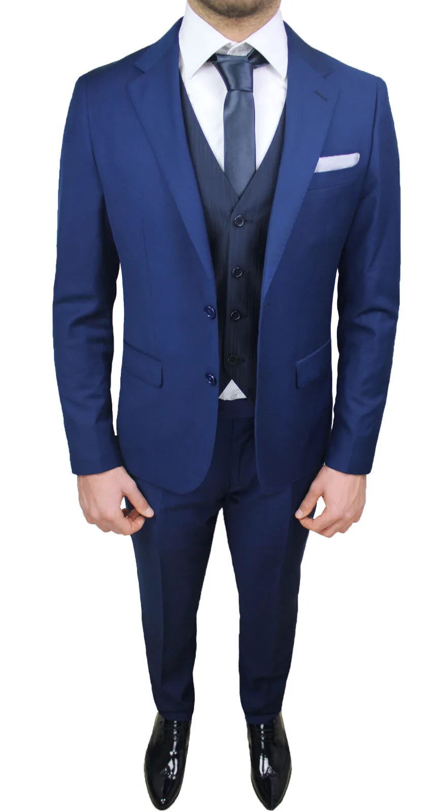 ABITO UOMO SARTORIALE BLU ELEGANTE SET COMPLETO CON GILET CRAVATTA E POCHETTE