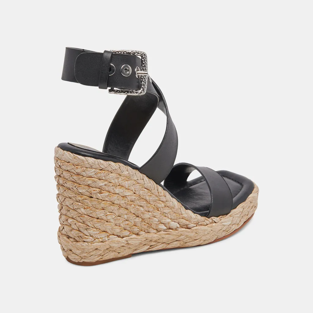 ALDONA Wedges Black Leather | Black Braided Raffia & Leather Sandals– Dolce Vita 6882427437122