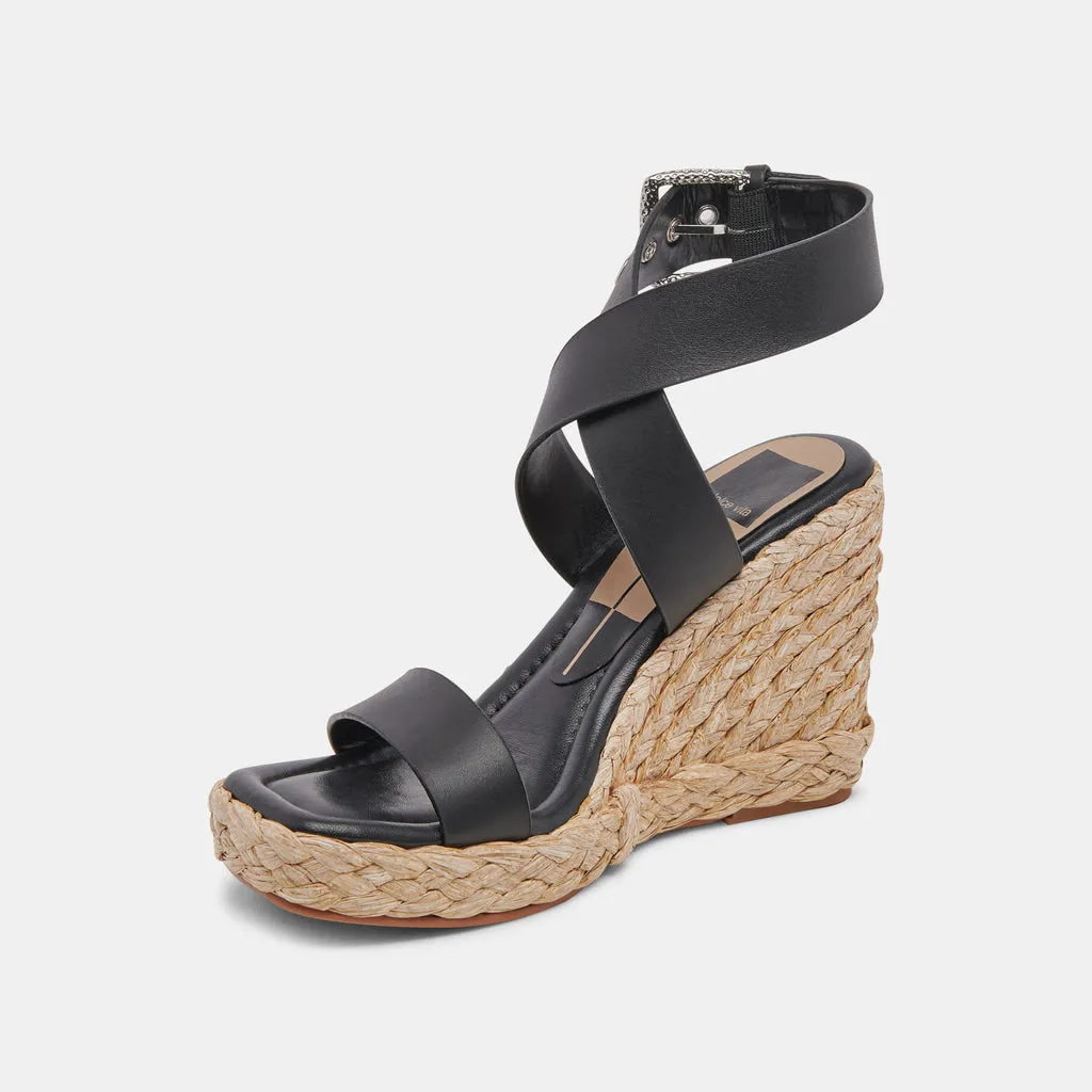 ALDONA Wedges Black Leather | Black Braided Raffia & Leather Sandals– Dolce Vita 6882427437122