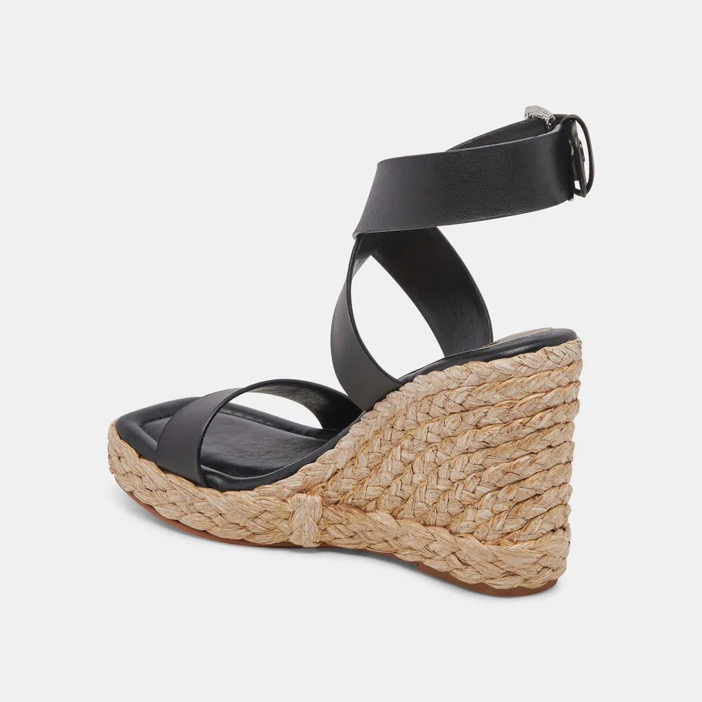 ALDONA Wedges Black Leather | Black Braided Raffia & Leather Sandals– Dolce Vita 6882427437122