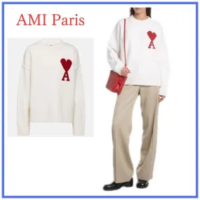 AMI PARIS  |Crew Neck Casual Style Unisex Wool Rib Street Style