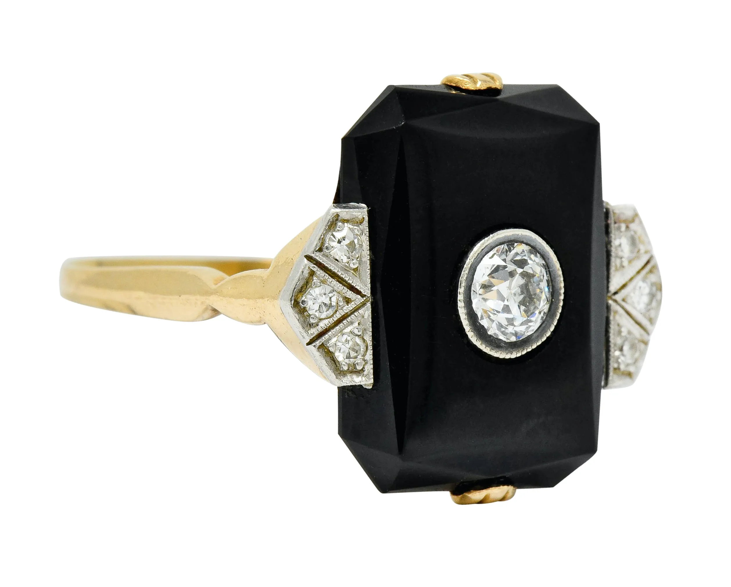 Art Deco Diamond Onyx Platinum-Topped 14 Karat Gold Ring