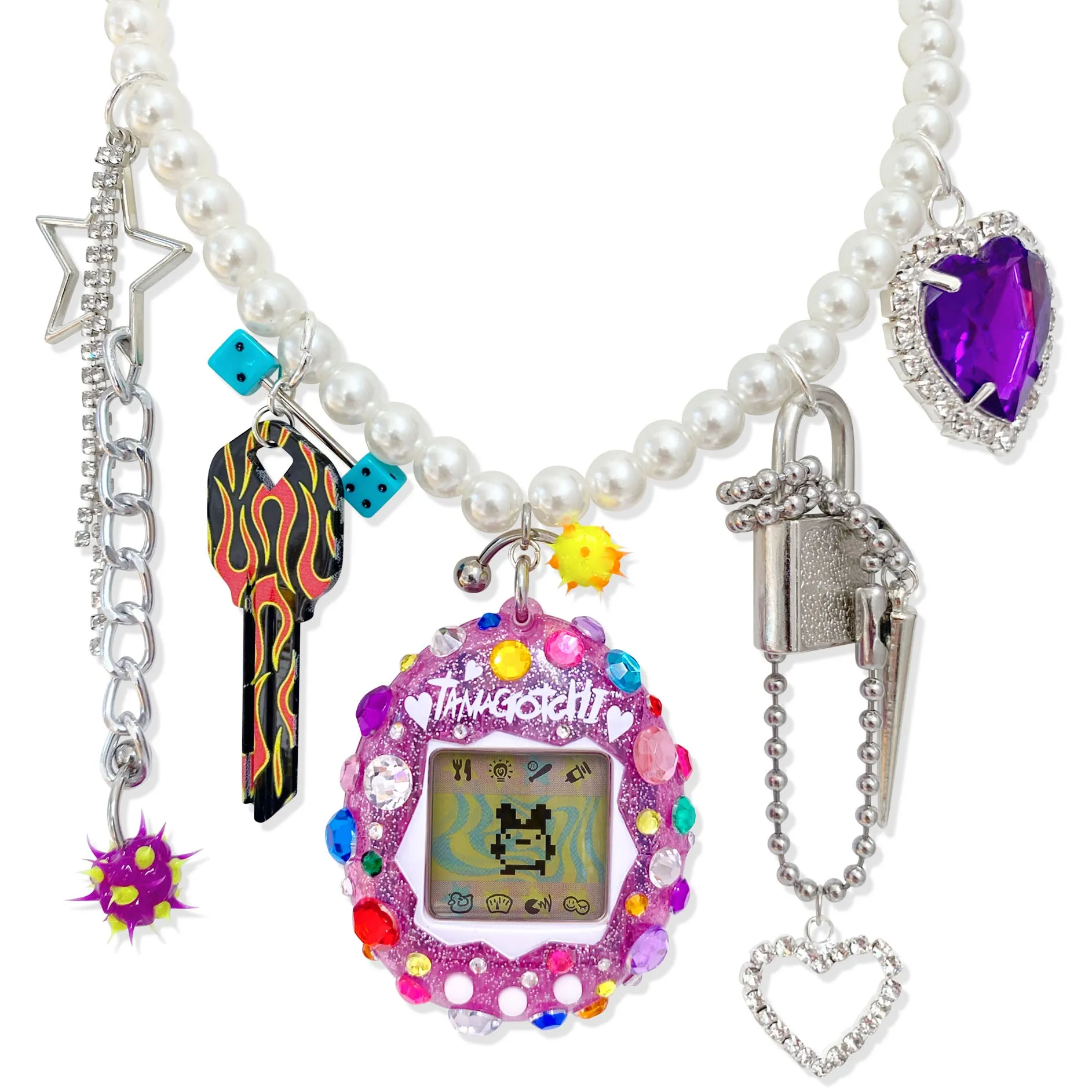 Bedazzled Pink Glitter Tamagotchi Charm Necklace