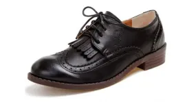 Black Leather Tassels Fringes Lace Up Vintage Womens Oxfords Flats Shoes