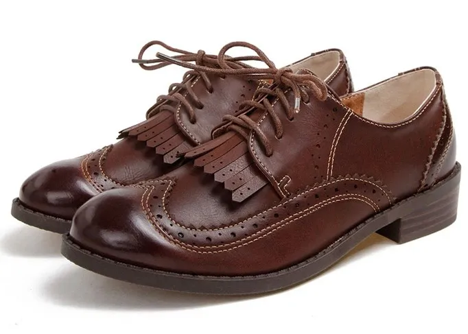 Brown Leather Tassels Fringes Lace Up Vintage Womens Oxfords Flats Shoes