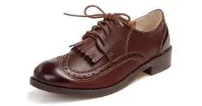 Brown Leather Tassels Fringes Lace Up Vintage Womens Oxfords Flats Shoes