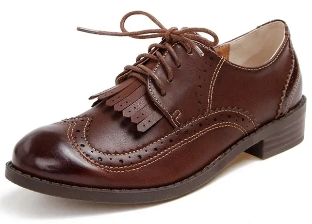 Brown Leather Tassels Fringes Lace Up Vintage Womens Oxfords Flats Shoes