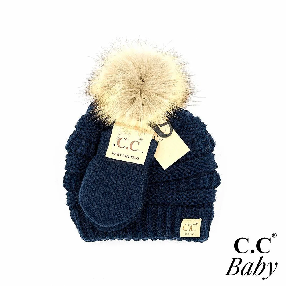 C.C BABY Solid Ribbed Beanie Hat and Mitten Set