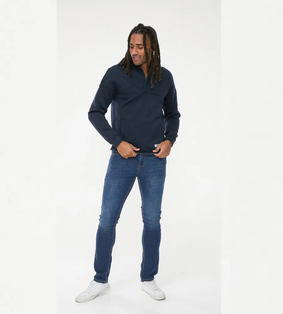 D555 Mens Navy Sweatshirt With Quarter Zip and Quilted Top Panel (SWANN)