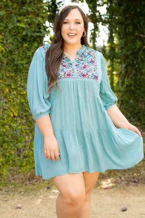 Embroidered Elegance Dress, Mint Blue