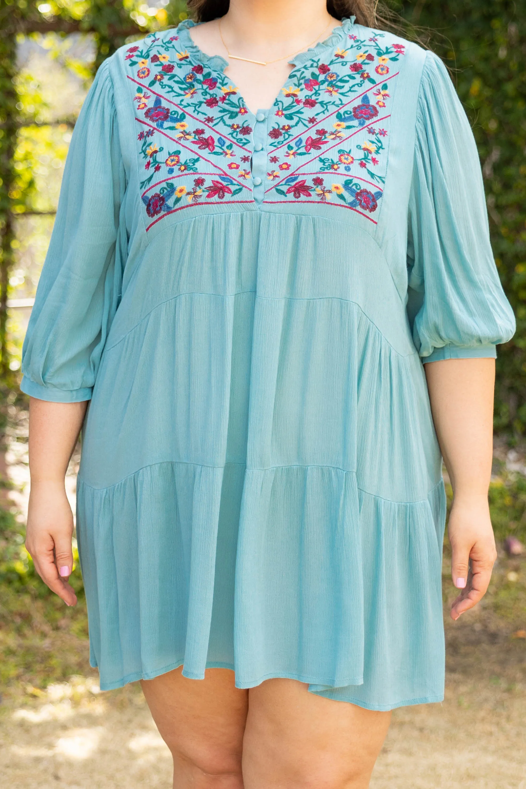 Embroidered Elegance Dress, Mint Blue