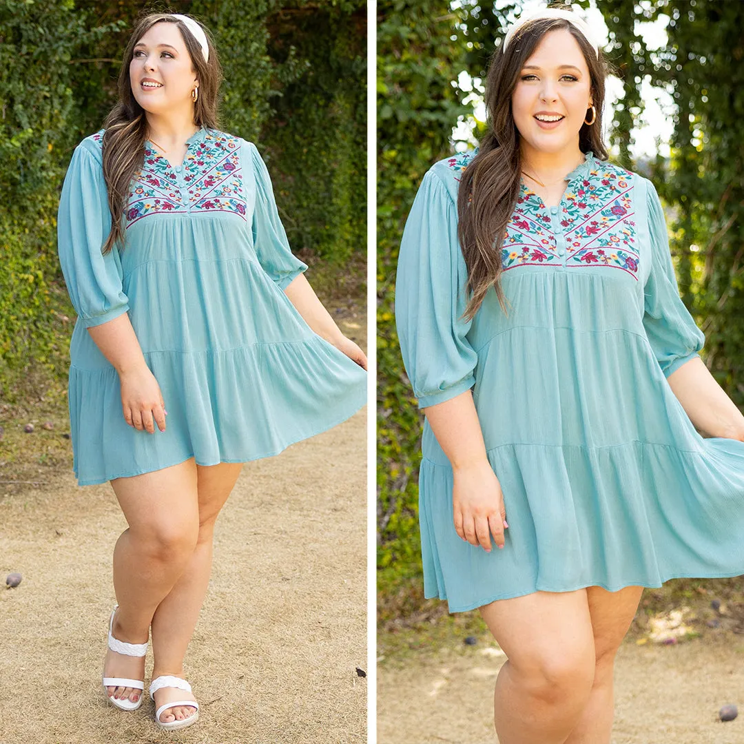 Embroidered Elegance Dress, Mint Blue