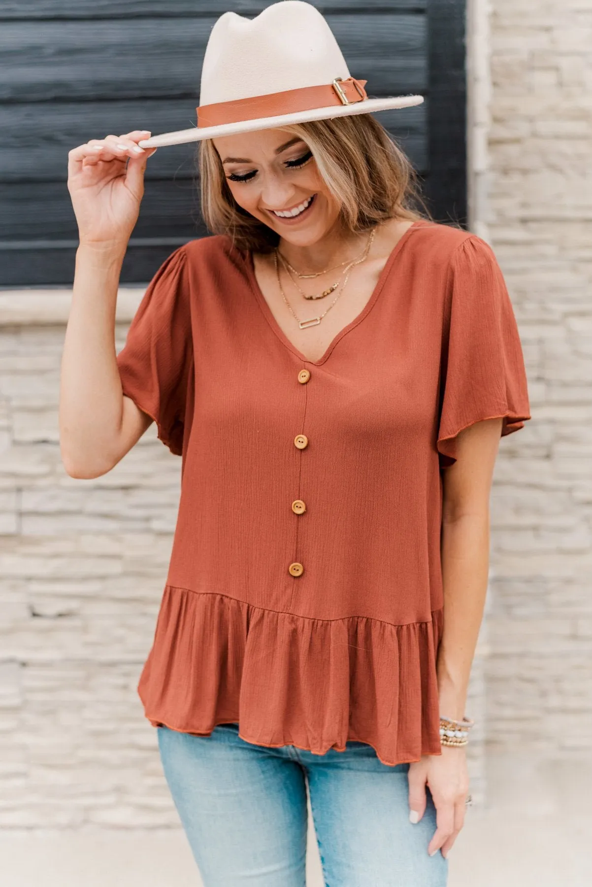 Flawless Fall Flair V-Neck Ruffle Top- Rust