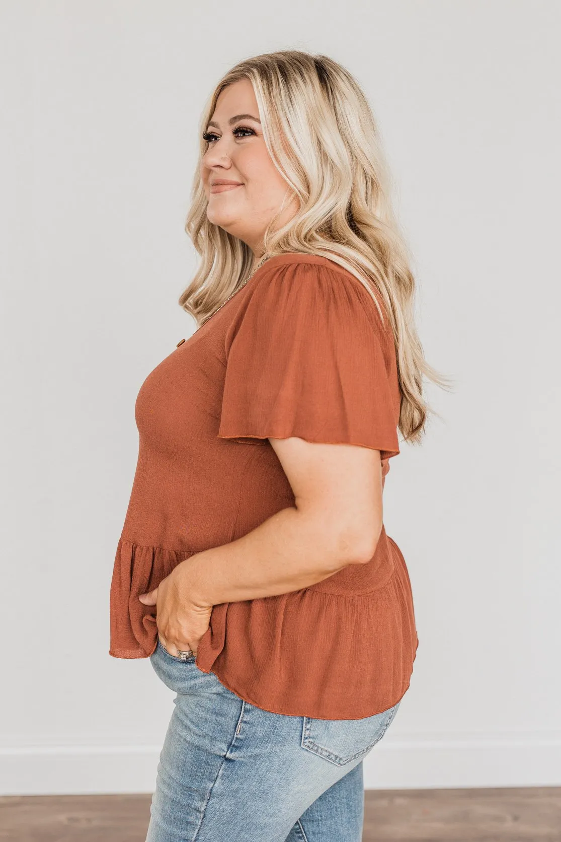 Flawless Fall Flair V-Neck Ruffle Top- Rust