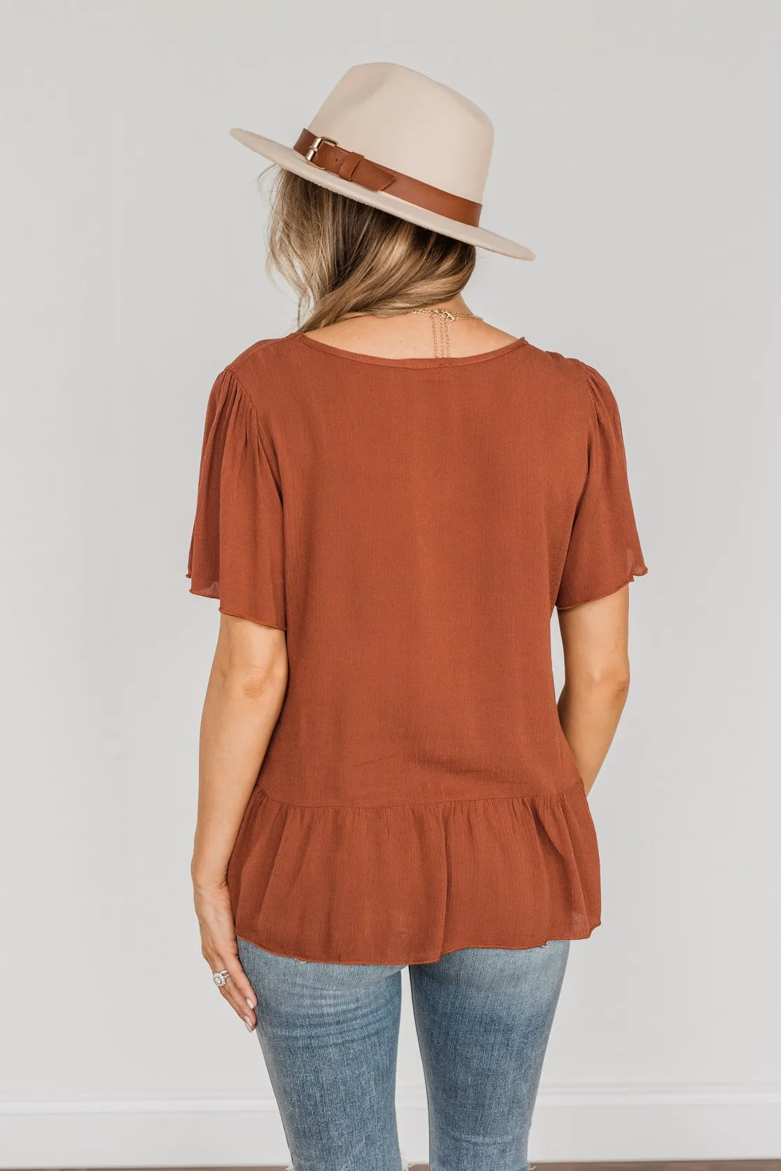 Flawless Fall Flair V-Neck Ruffle Top- Rust