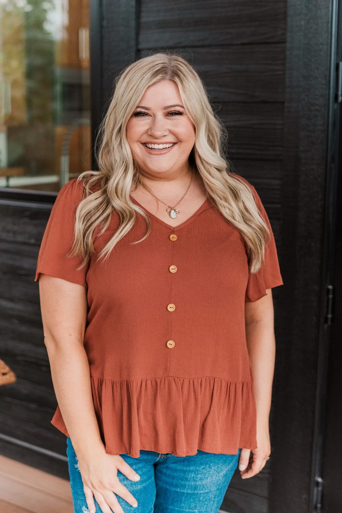 Flawless Fall Flair V-Neck Ruffle Top- Rust