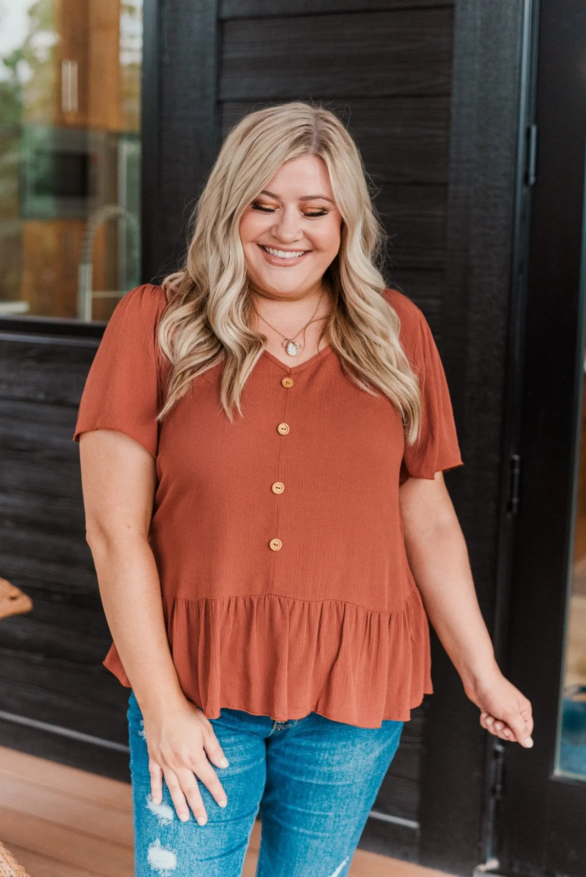 Flawless Fall Flair V-Neck Ruffle Top- Rust