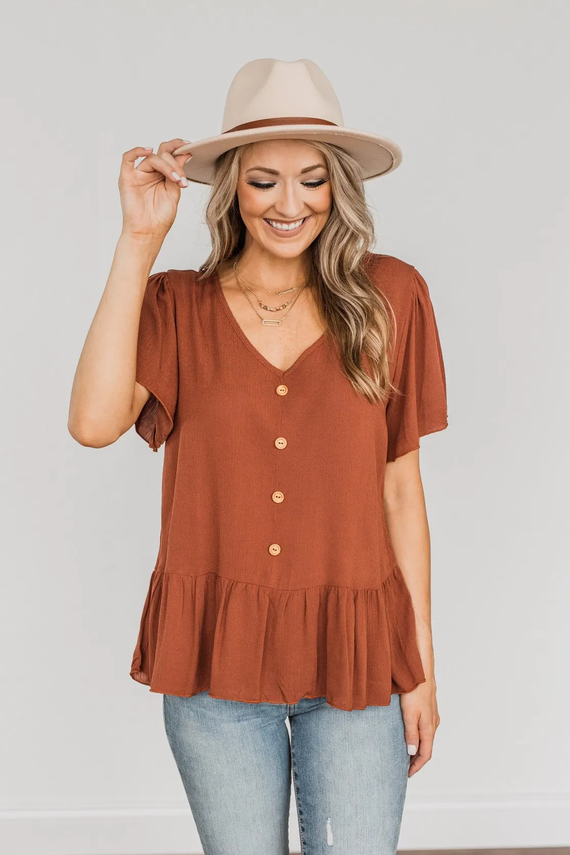 Flawless Fall Flair V-Neck Ruffle Top- Rust