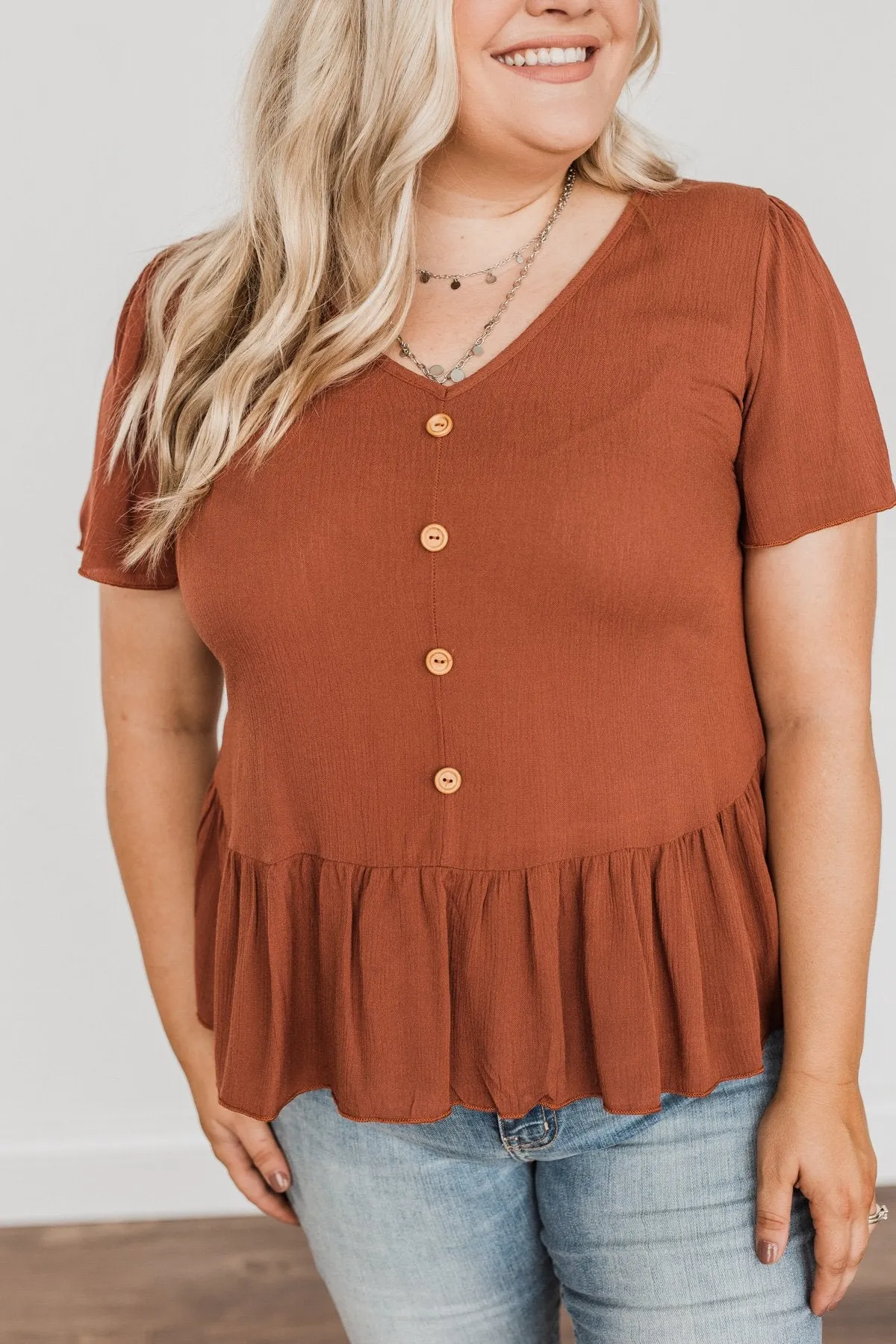 Flawless Fall Flair V-Neck Ruffle Top- Rust