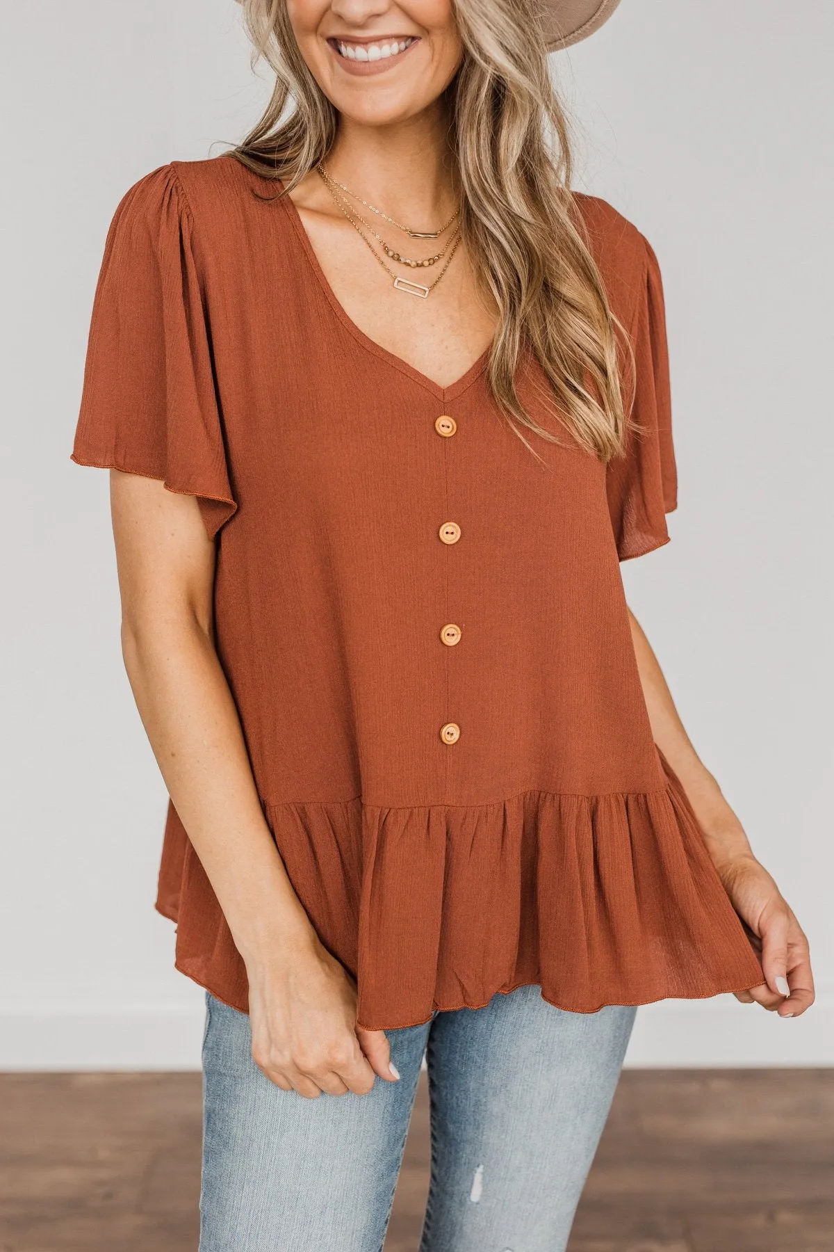 Flawless Fall Flair V-Neck Ruffle Top- Rust