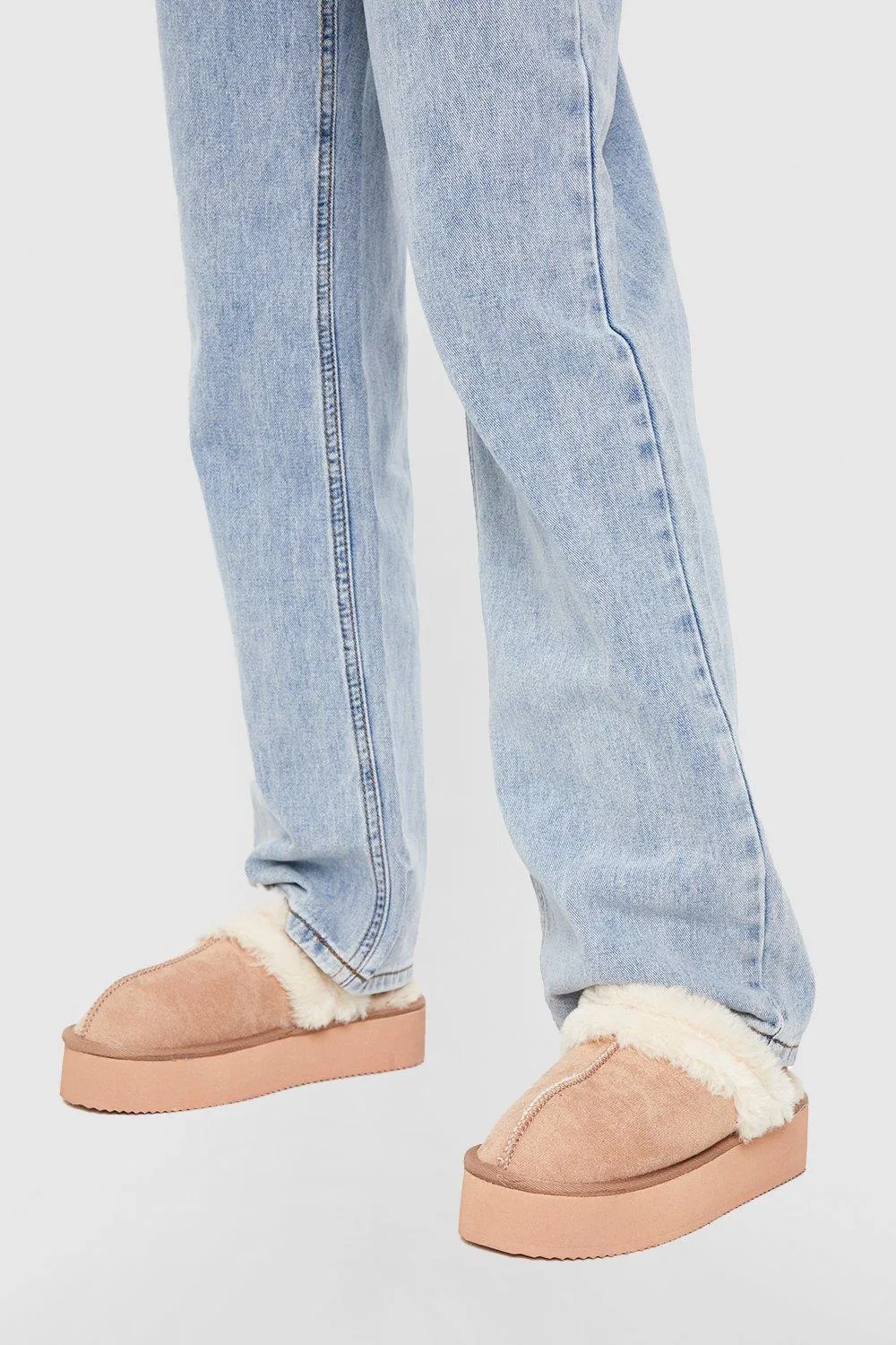 Fur Trim Platform Slip On Mules