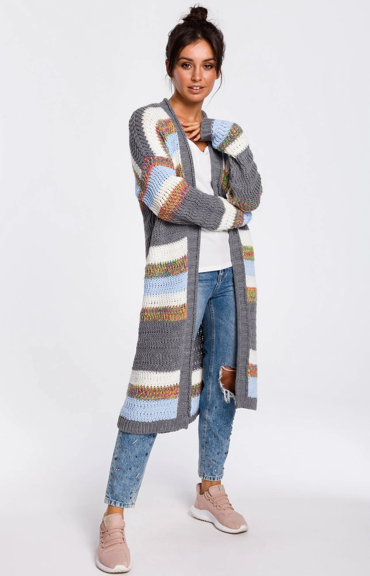 Gilet long multicolore base gris