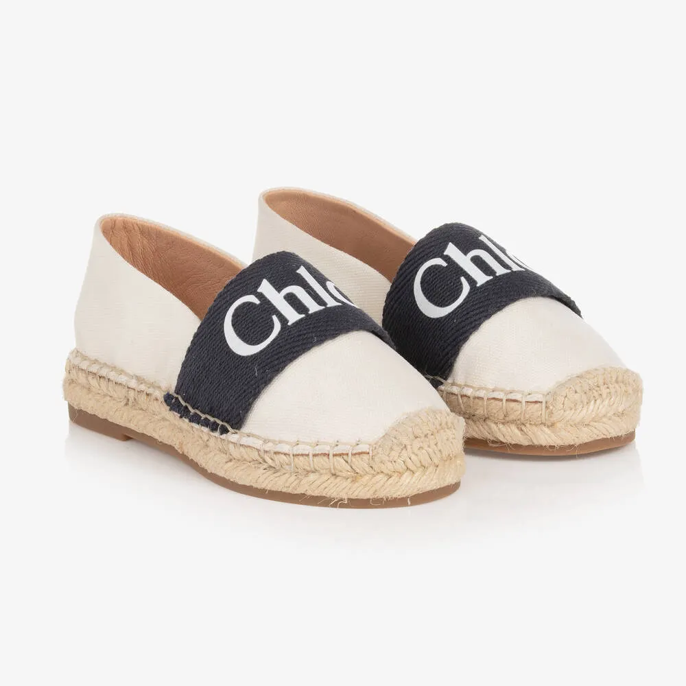 Girls Ivory & Navy Blue Logo Espadrilles