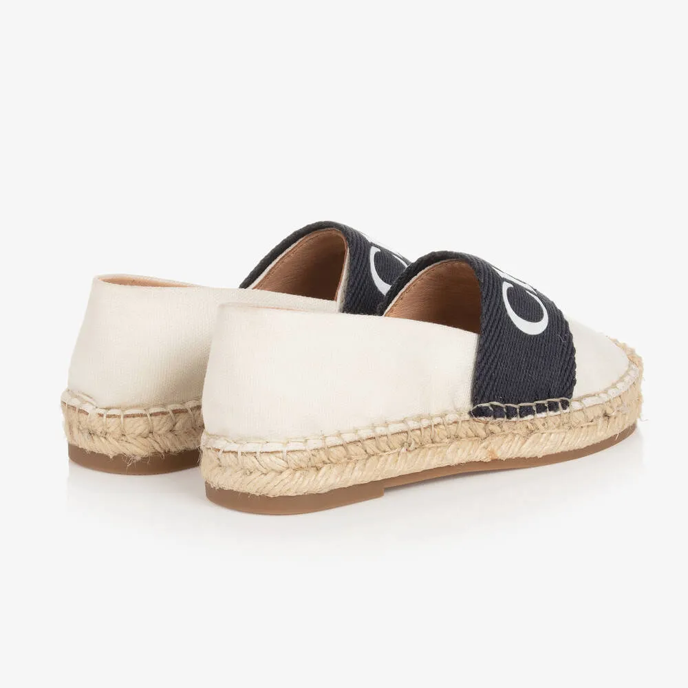 Girls Ivory & Navy Blue Logo Espadrilles