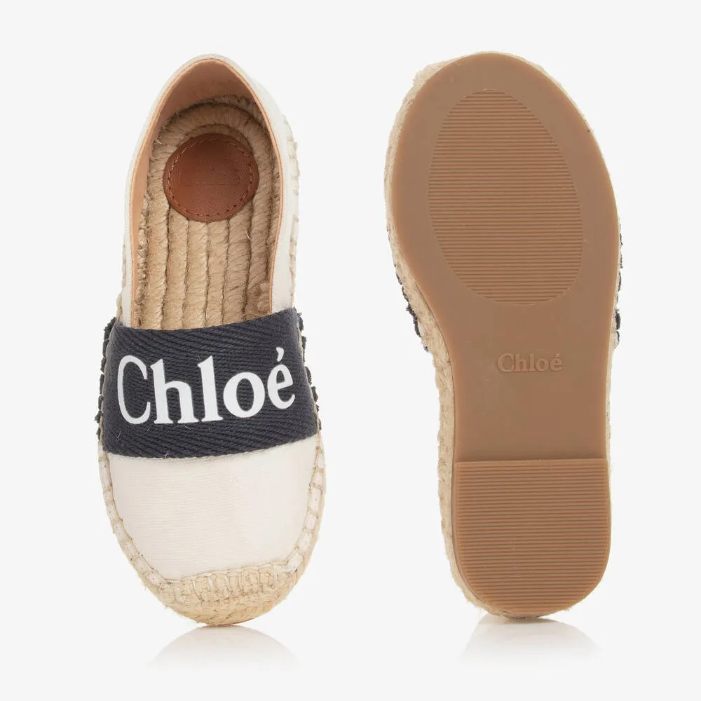 Girls Ivory & Navy Blue Logo Espadrilles