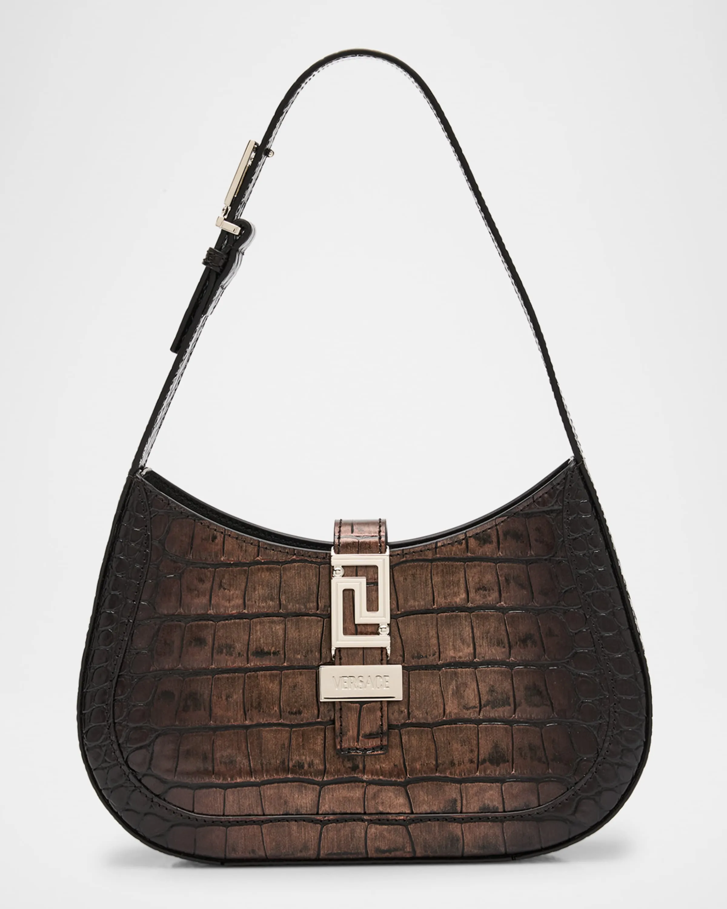 Greca Goddess Small Croc-Embossed Hobo Bag