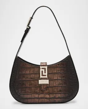 Greca Goddess Small Croc-Embossed Hobo Bag