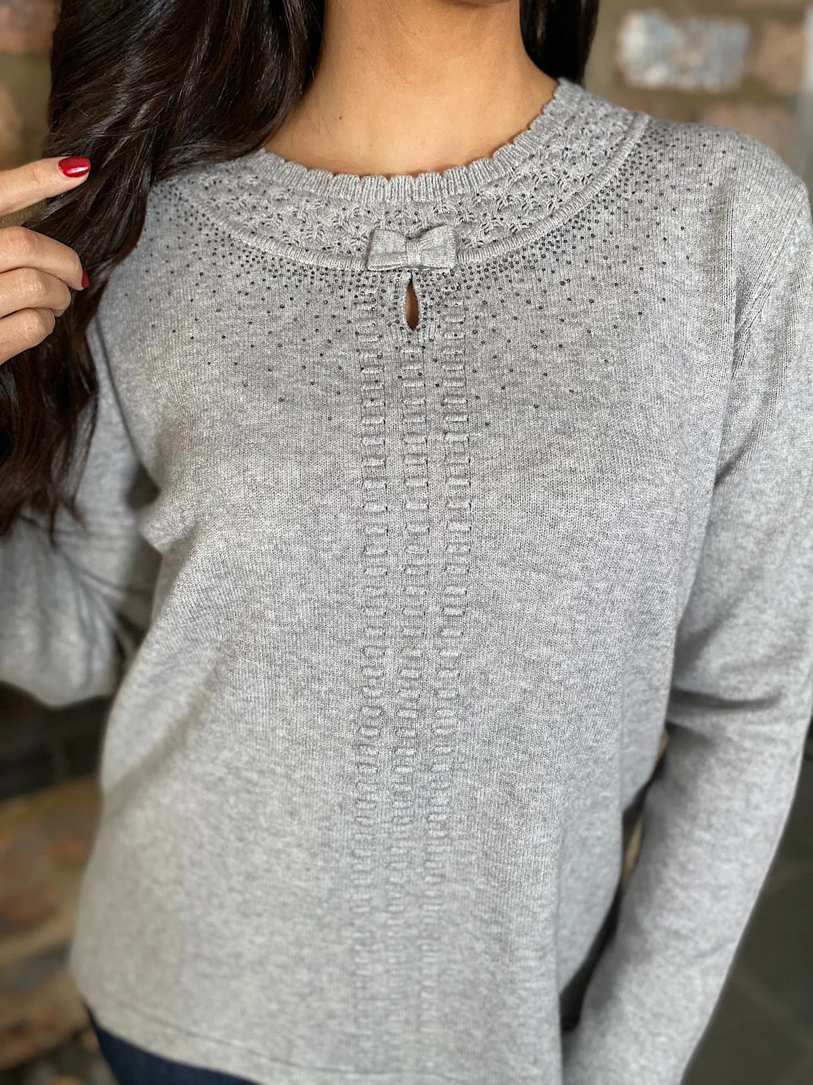 Grey Diamante Detailed Knit Top Clara