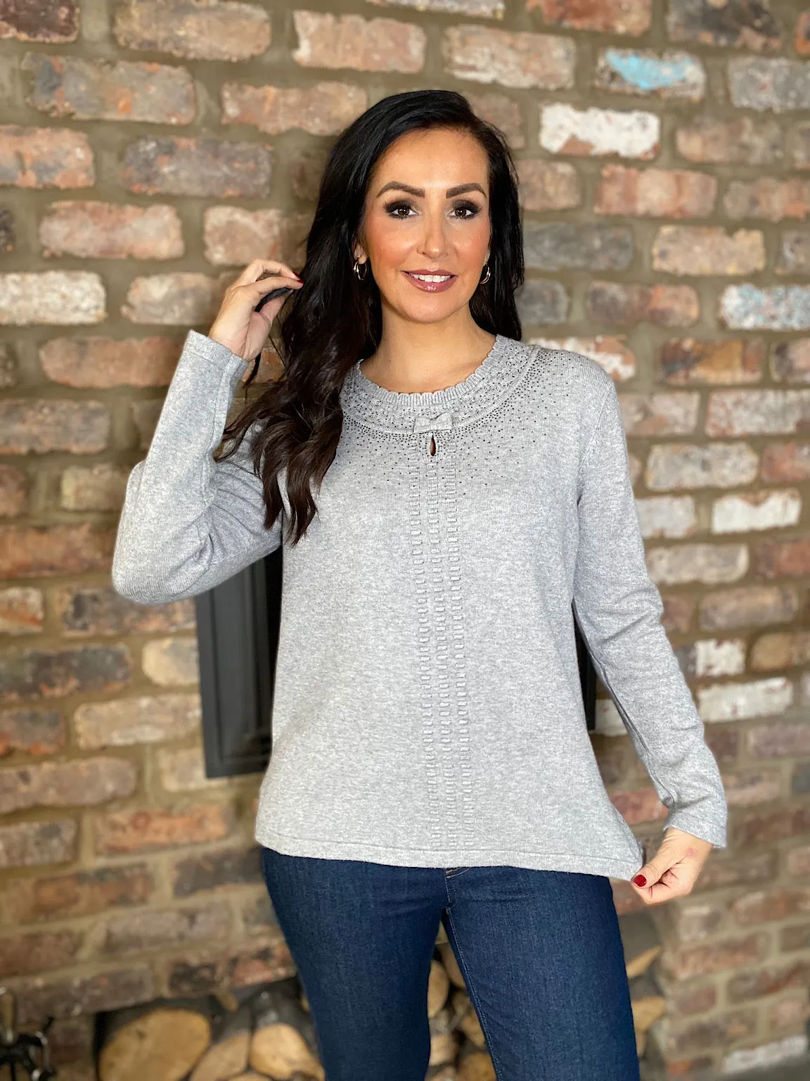 Grey Diamante Detailed Knit Top Clara