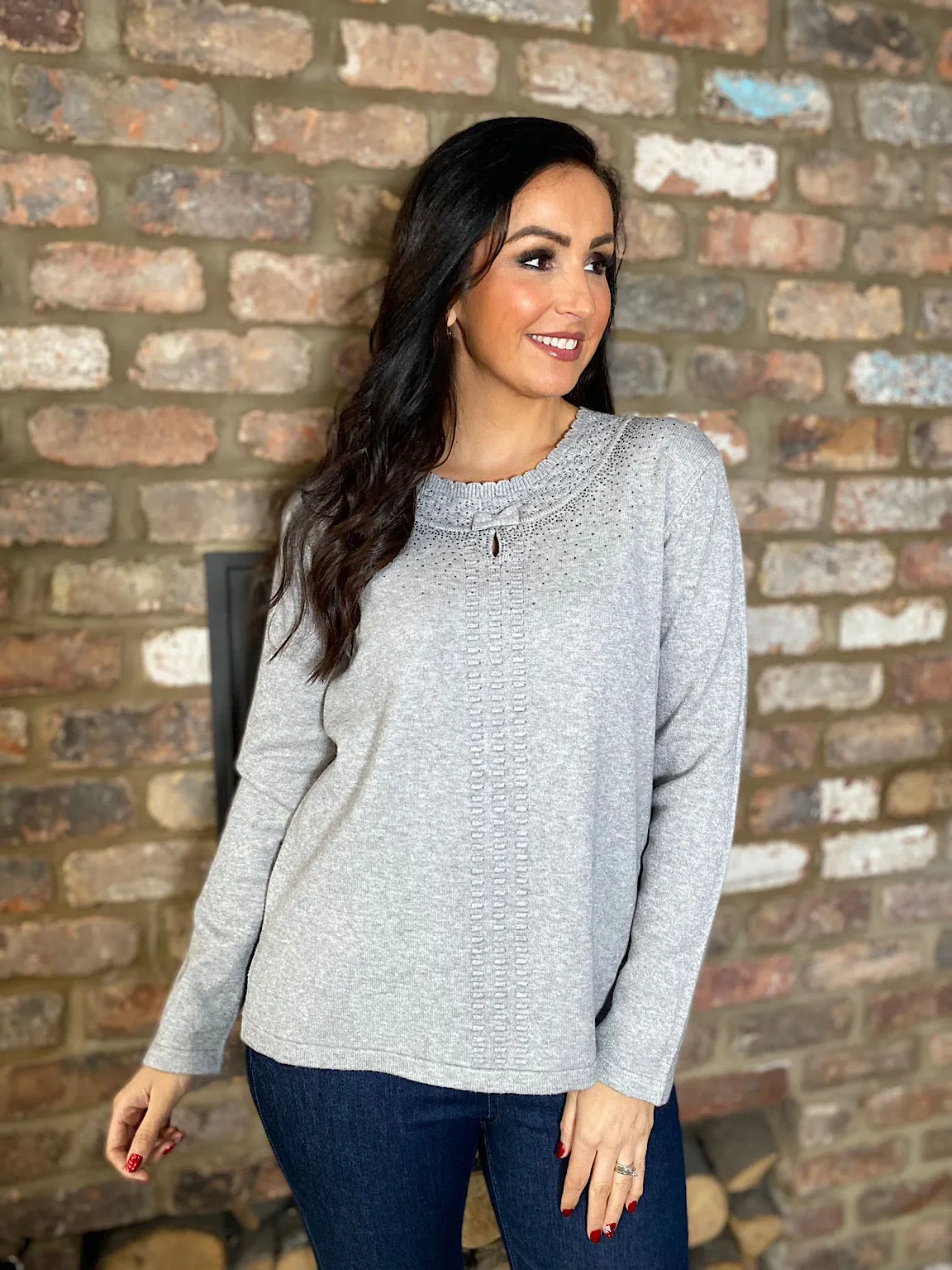 Grey Diamante Detailed Knit Top Clara