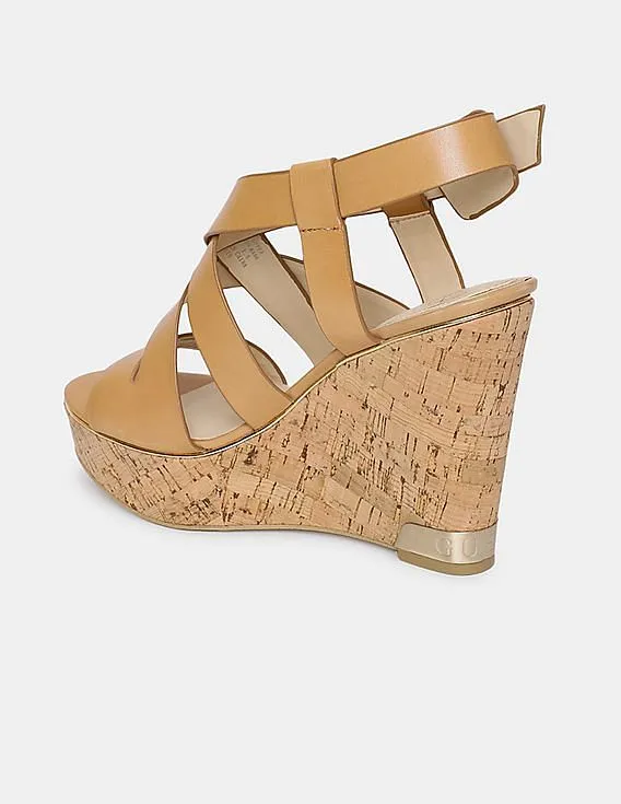 GUESS Women Tan Hearth Multi Strap Wedges