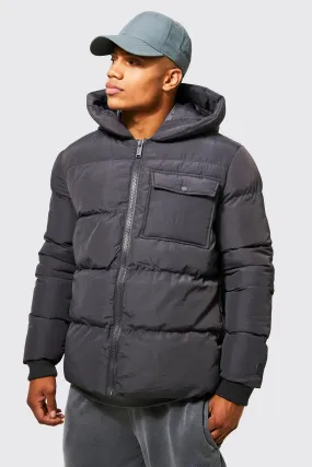 Hooded Puffer With Patch Pocket | boohooMAN UK