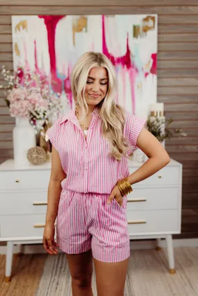 Karlie Pink Striped Poplin Button Down Top and Short Set