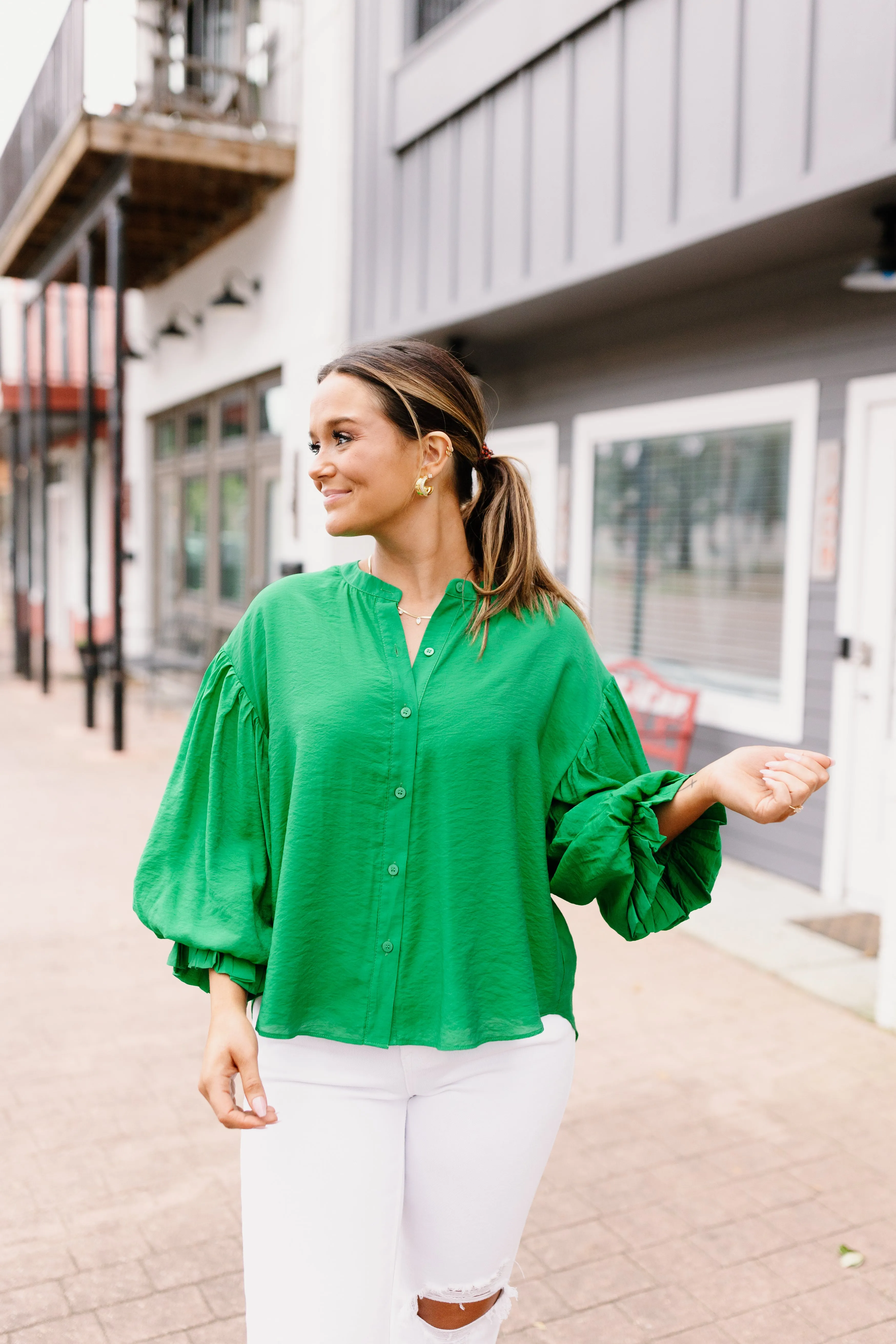 Kelly Green Puff Sleeve Button Down Blouse