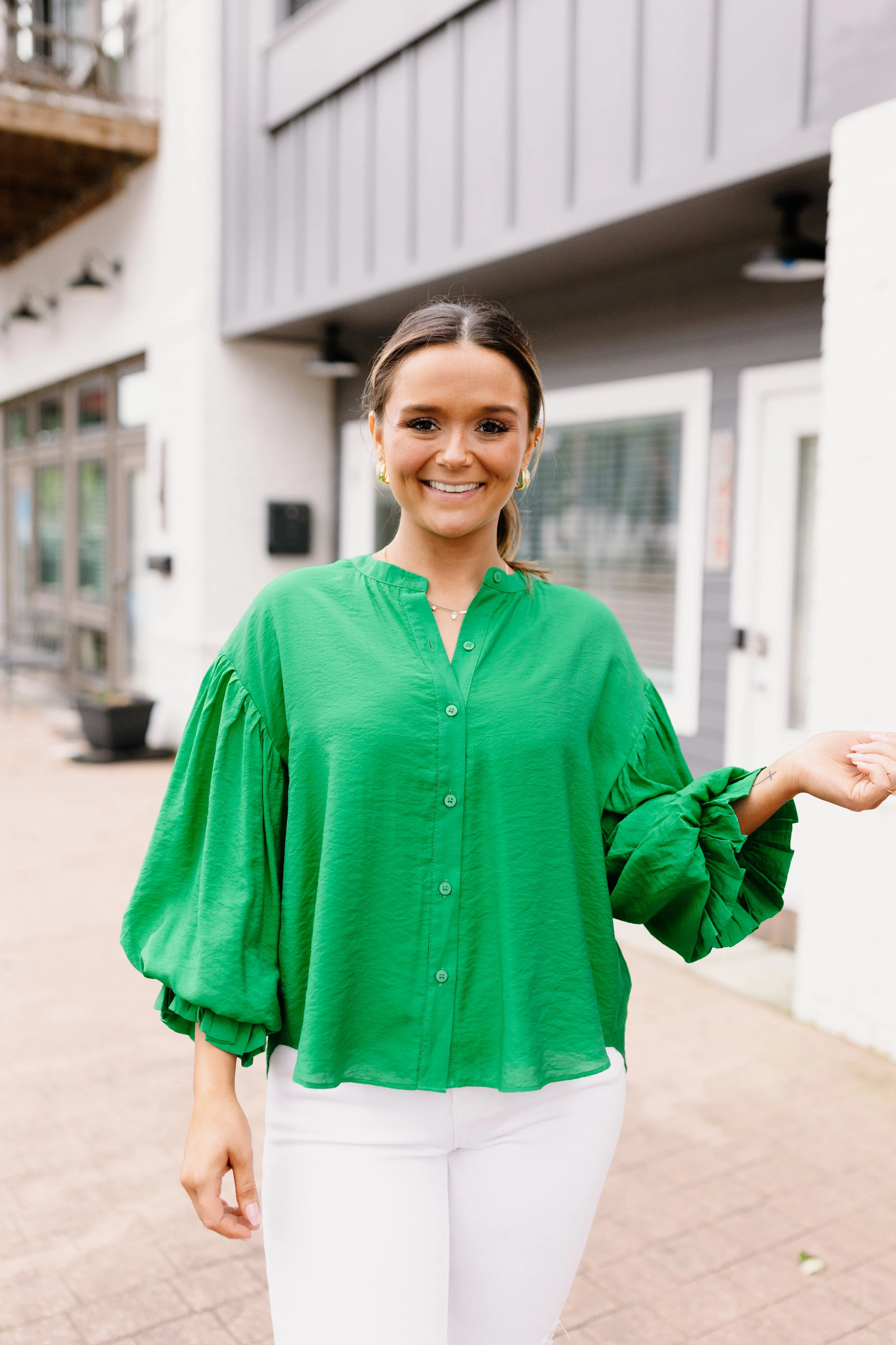 Kelly Green Puff Sleeve Button Down Blouse