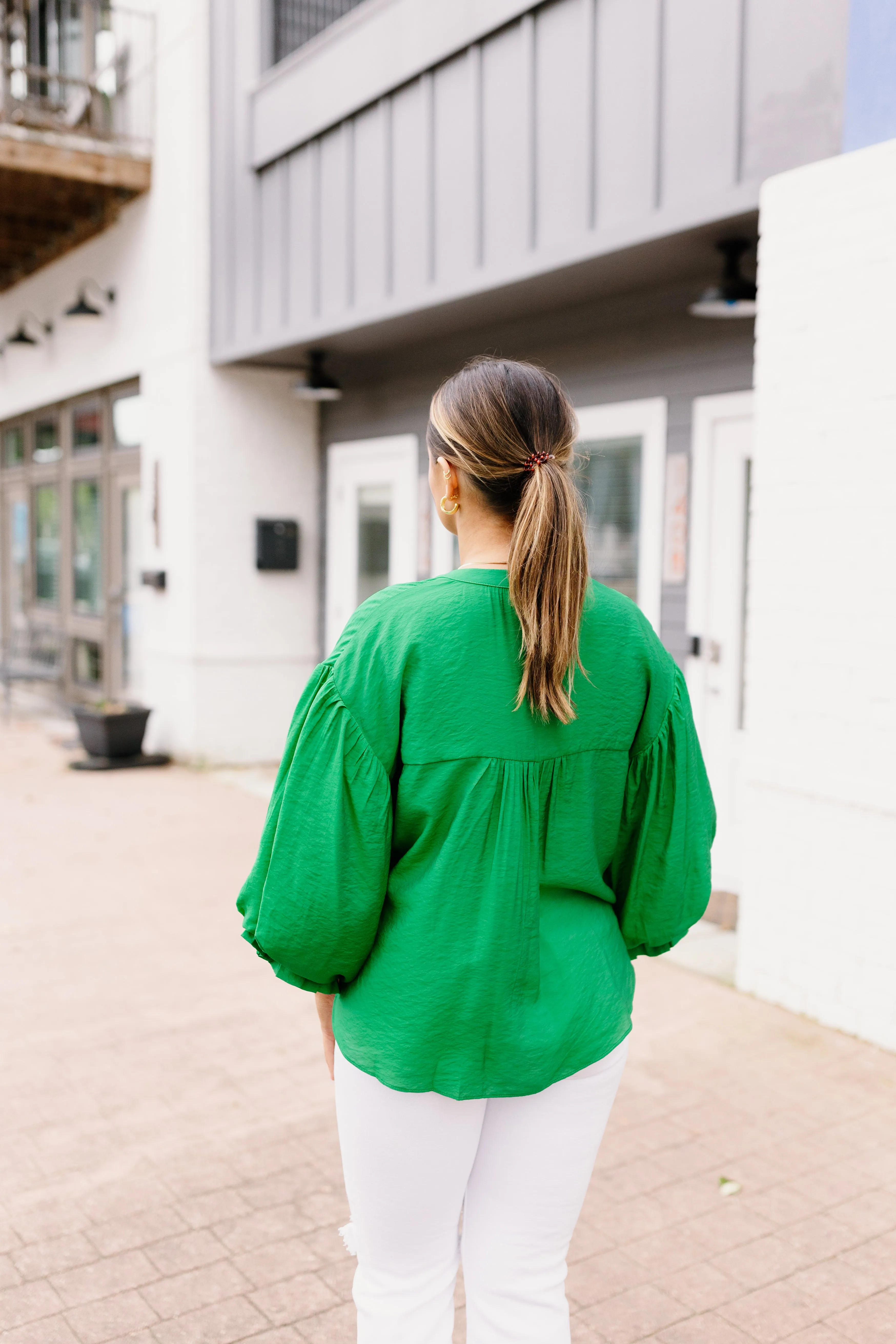 Kelly Green Puff Sleeve Button Down Blouse