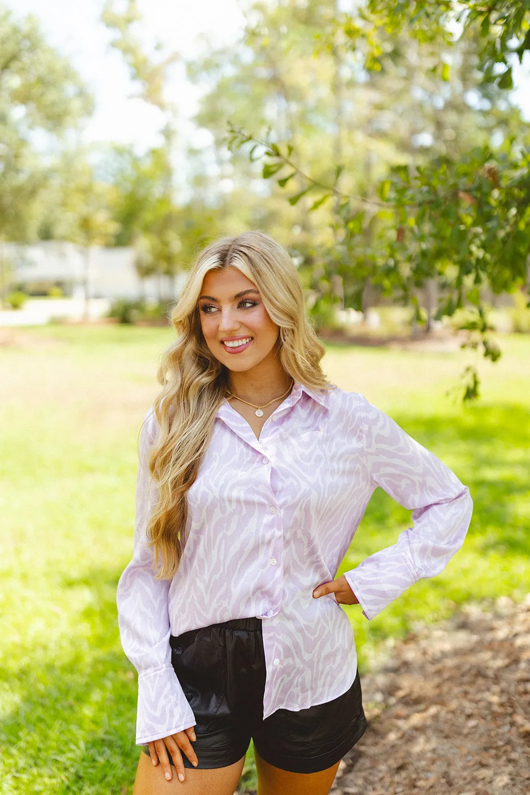 Lavender Animal Print Satin Button Down