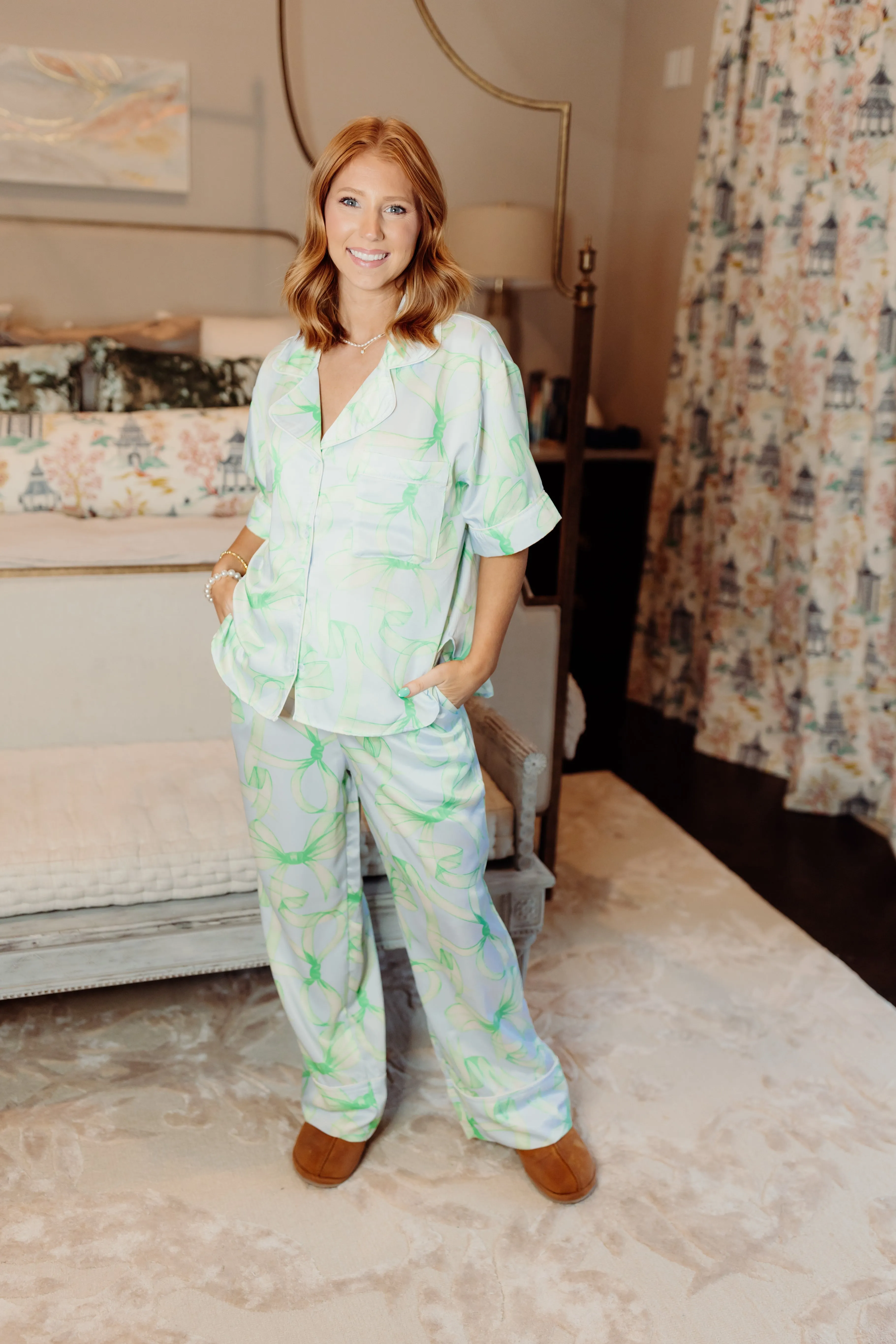 Light Blue Multi Bow Satin Button Down Pajama Set