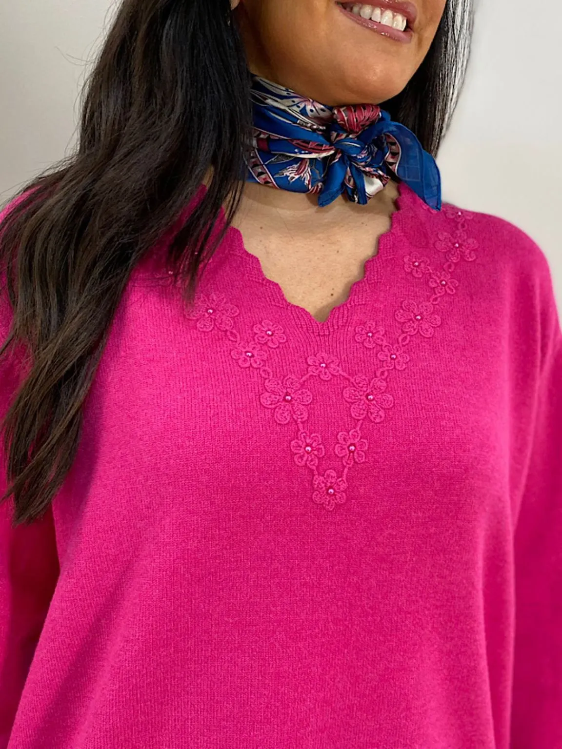 Lipstick Pink Floral Scalloped V Neck Shannon