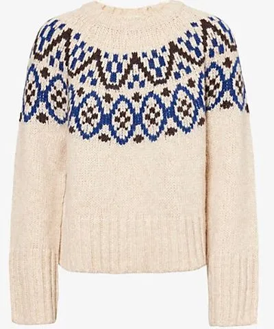 ME AND EM Womens Camel Melange Multi Geometric-print round-neck wool and cotton-blend jumper