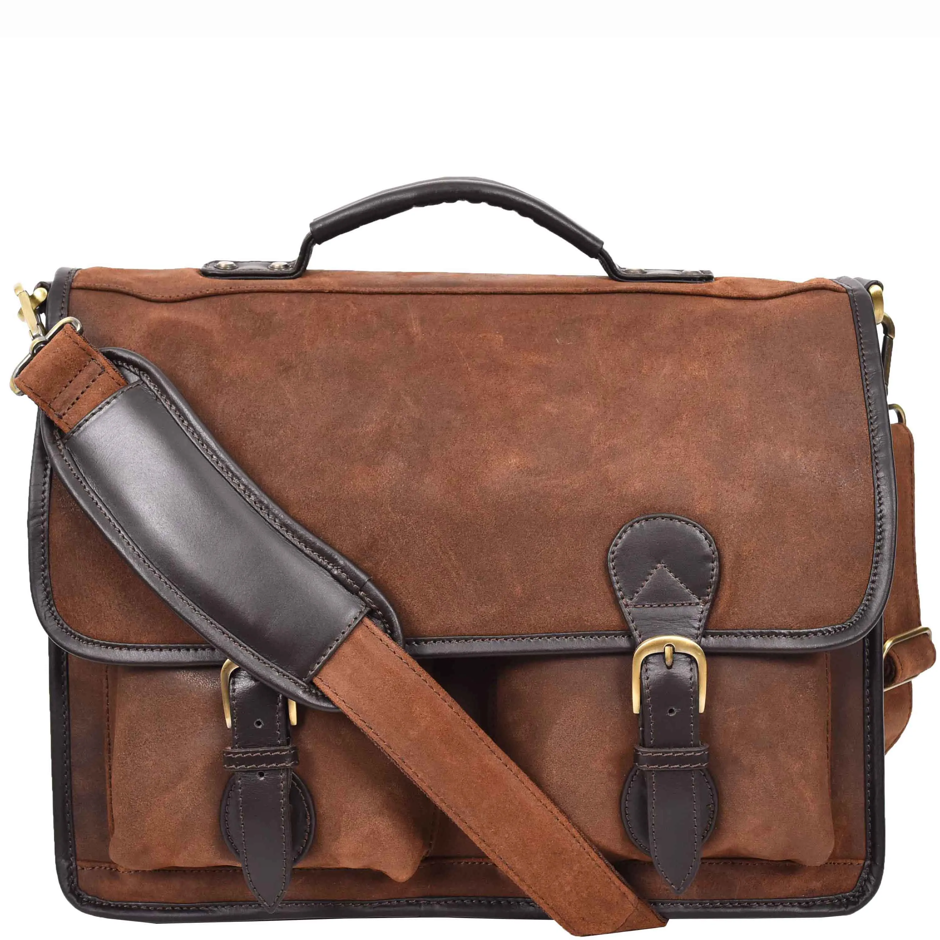 Mens Real Leather Organiser Laptop Bag Vintage Brown Briefcase Finn