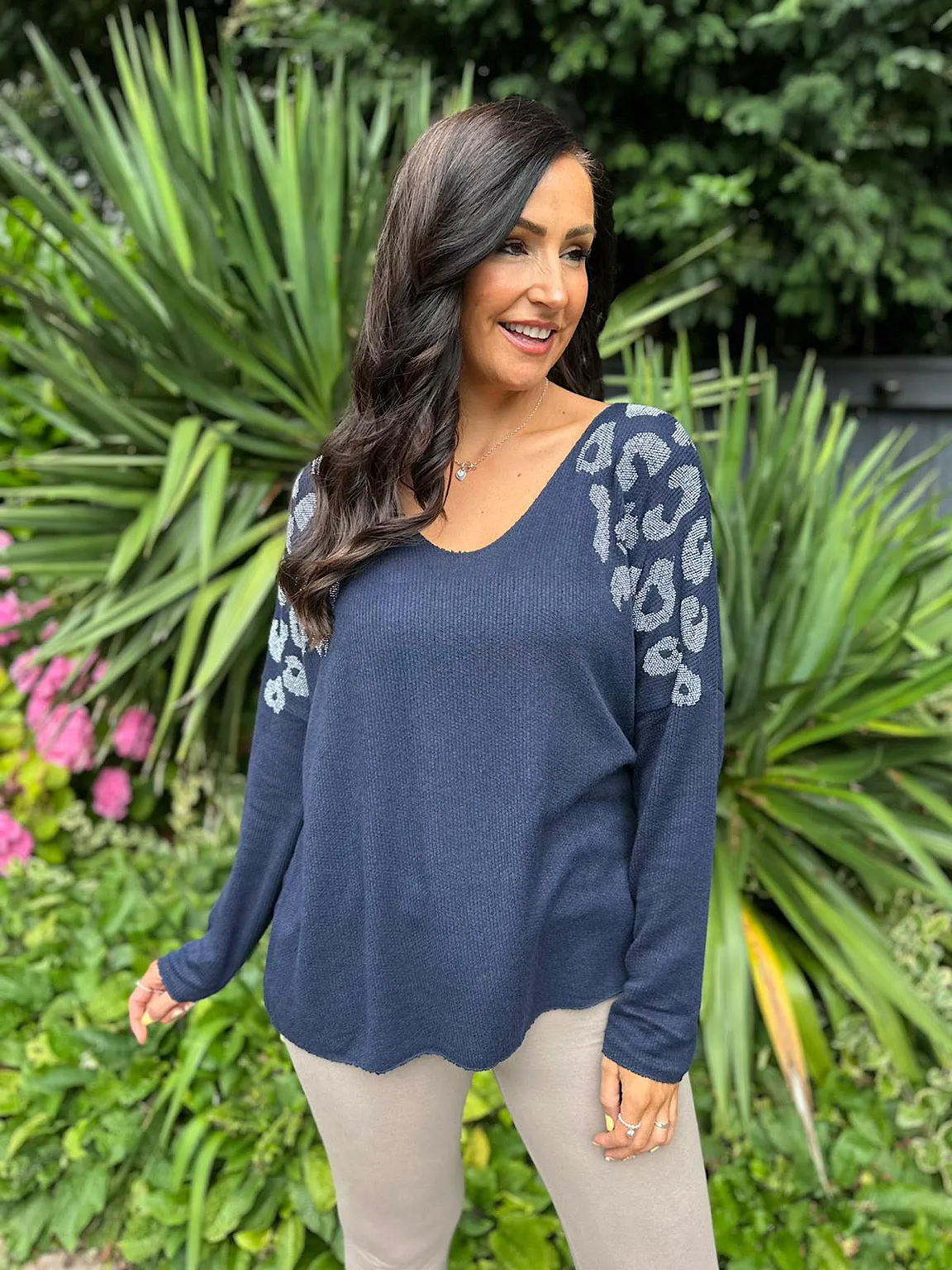 Navy Diamante Leopard V Neck Knit Paige