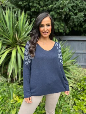 Navy Diamante Leopard V Neck Knit Paige