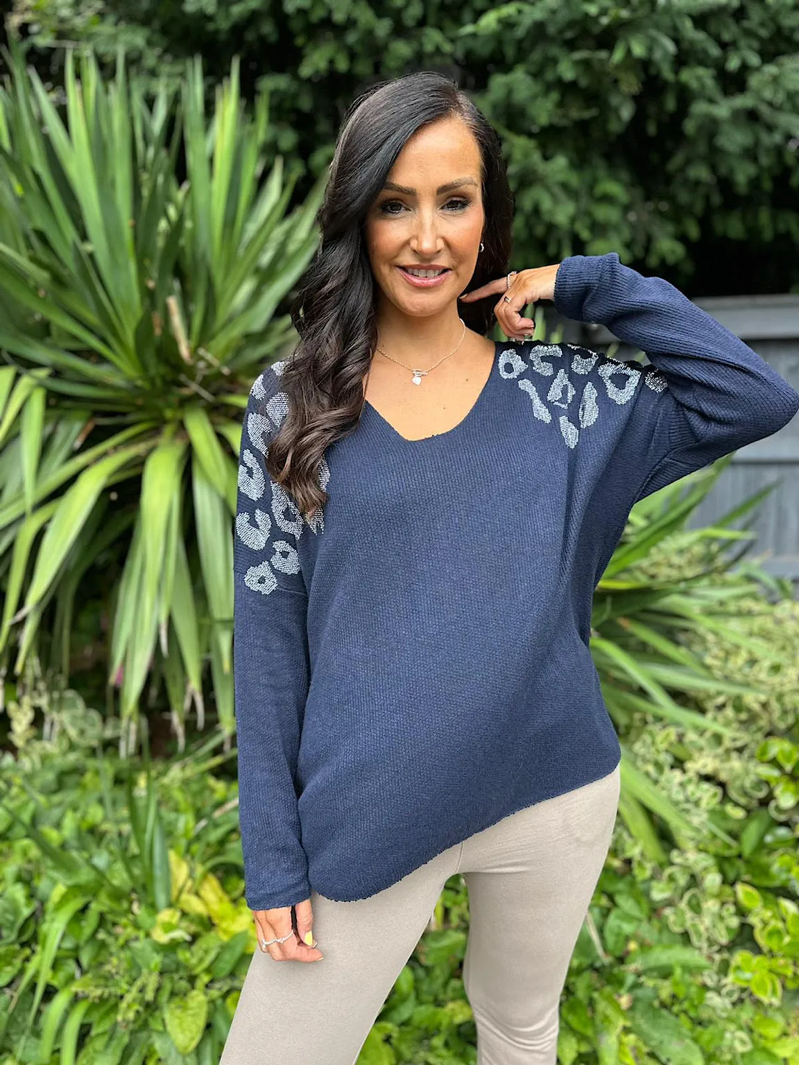 Navy Diamante Leopard V Neck Knit Paige