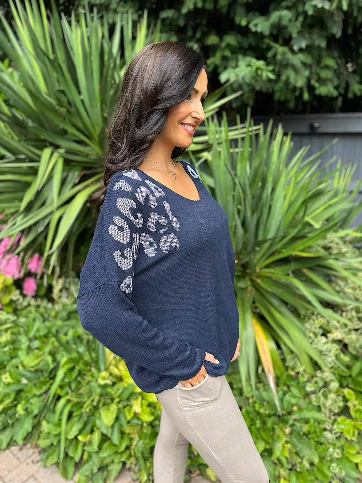 Navy Diamante Leopard V Neck Knit Paige