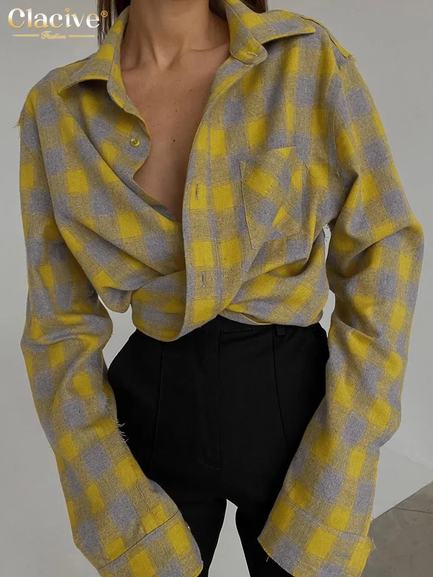 nLoose Plaid Women'S Shirt 2023 Elegant Lapel Long Sleeve Office Lady Shirts & Blouses Casual Pocket Top Female